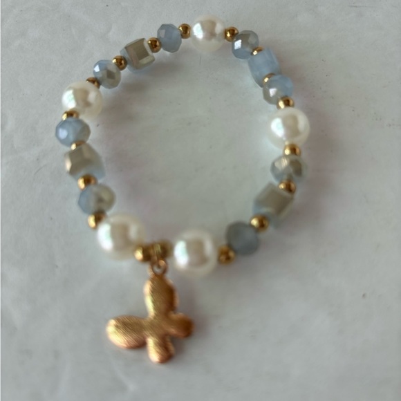 Handmade Light Blue, Faux Pearl  beaded bracelet With Butterfly Charm. - Picture 2 of 2
